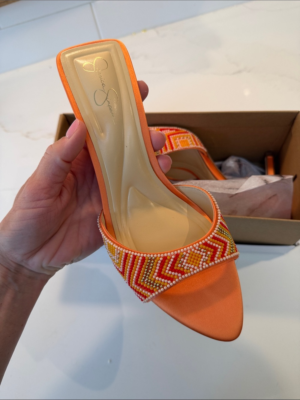 Jessica Simpson Orange Multicolor Beaded Slide Mules